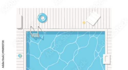 A top-down view of a rectangular swimming pool features shimmering blue water surrounded by a white wooden deck with a silver ladder and blue float.