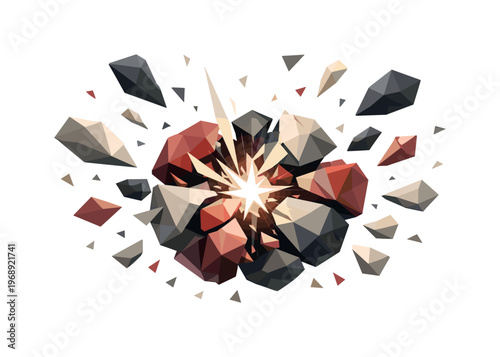 Low-poly vector illustration focused on atom split flash after the energy release, separated geometric atomic fragments drifting