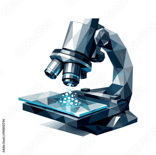 Low-poly vector illustration focused on microscope discovery pop showing the setup moment before discovery, geometric microscope