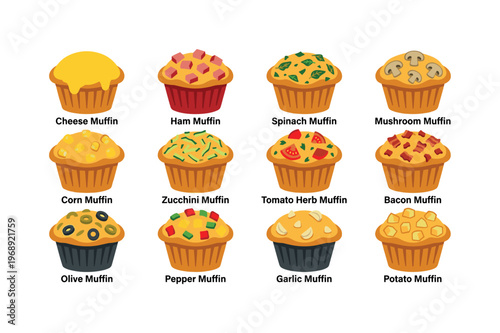 Savory muffins including cheese muffin, ham muffin, spinach muffin, mushroom muffin, corn muffin, zucchini muffin, tomato herb