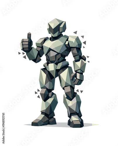 Low-poly vector illustration focused on robot assembly click after successful assembly, geometric robot figure standing complete