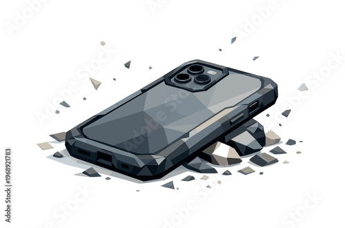 Shatterproof Smartphone Case. Low-poly vector illustration focused on smartphone shatter case after the impact settles, geometric