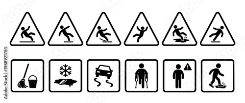 Safety warning signs collection featuring various hazard symbols like slippery floor, ice, skidding car, and general caution icons for public safety.