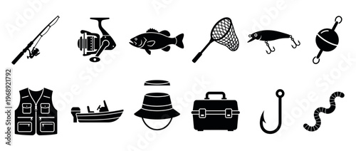 Collection of fishing gear icons featuring various tools and accessories for angling and outdoor recreation.