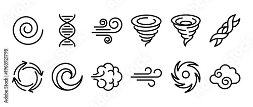 Abstract line icons representing natural phenomena and scientific concepts like wind, spirals, and genetic structures.