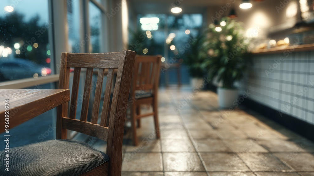 Fototapeta premium Cozy empty café interior with wooden chairs at dawn