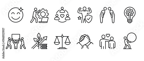Business and social concept icons illustrating teamwork, innovation, growth, and personal development for modern professional and personal life.