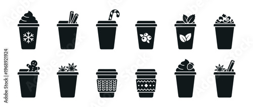 Collection of various beverage cups with different toppings and designs, representing a range of hot and cold drinks.