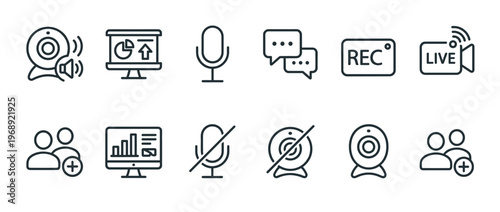 Online communication icons set featuring webcams, microphones, chat bubbles, and presentation screens for virtual meetings and live streaming.