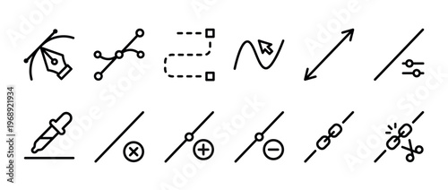 Graphic design vector tools icons set featuring pen tool, eyedropper, path editing, and link manipulation symbols for creative software interfaces.