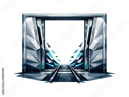 Low-poly vector illustration focused on subway door closing showing the setup moment before movement, geometric train doorway