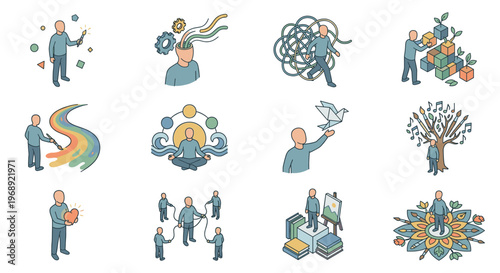 Isometric illustrations depicting various human concepts, personal development, creative thinking, mental well-being, and collaborative ideas.