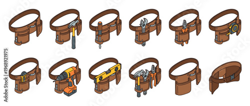 Tool belts with various construction and repair tools, including hammers, screwdrivers, wrenches, pliers, drills, levels, and tape measures, for home improvement projects.