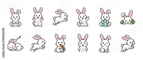 Adorable cartoon white bunnies displaying a range of playful emotions and actions perfect for children's designs and holiday themes.
