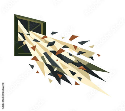 Low-poly vector illustration focused on window light beam with tension and partial obstruction, angular window emitting
