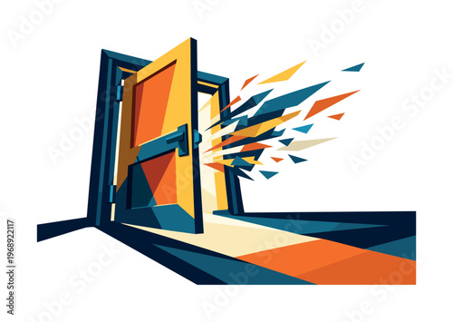 Low-poly vector illustration focused on door opening reveal during the action escalation, dramatic diagonal perspective of the