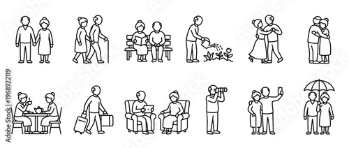 Senior couples enjoying various daily activities and hobbies together, illustrating an active and fulfilling retirement lifestyle in a set of line art icons.
