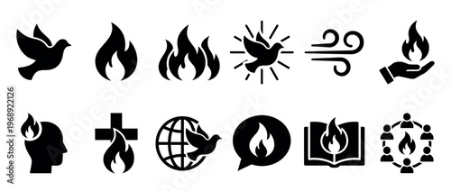 Holy Spirit symbols and religious icons representing divine presence, inspiration, and community in a comprehensive collection of spiritual concepts.