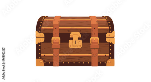 A sturdy wooden treasure chest features dark brown planks reinforced with golden metal corners and two vertical leather straps with brass buckles.