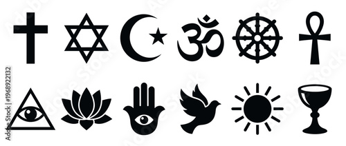 Collection of diverse religious and spiritual symbols representing various faiths, beliefs, and ancient traditions from around the world.