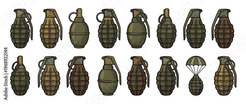 Hand grenades military weapon seamless pattern featuring various styles of explosive devices for combat and tactical design.