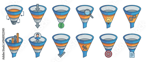 Sales funnel icons collection illustrating various stages of marketing, business, and conversion processes for strategy and growth.