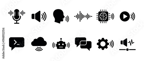 Voice recognition and artificial intelligence technology icons representing speech processing, sound control, and digital communication systems.