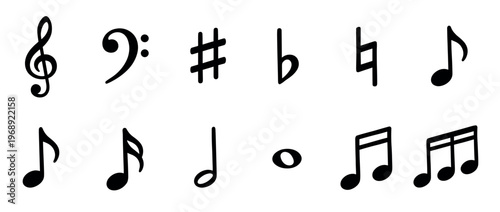 Various musical symbols and notes, including clefs, accidentals, and different rhythmic values, representing fundamental elements of music theory.