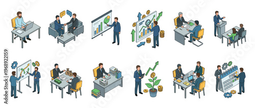 Isometric business concepts illustrating various professional activities, financial growth, meetings, and strategic planning in a corporate environment.