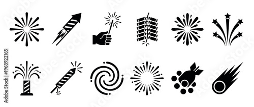 Fireworks, firecrackers, sparklers, and explosion icons set for celebration, party, and festive event designs.