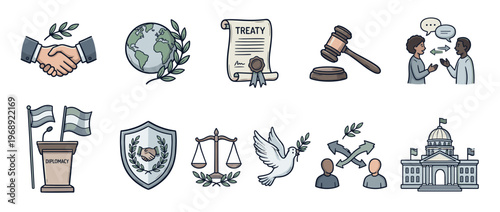 Diplomacy peace international justice icons collection illustrating global agreements, negotiation, and conflict resolution for harmonious relations between nations and people.