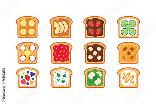 Various toast slices topped with peanut butter and banana, almond butter with apple slices, hazelnut spread with strawberries,