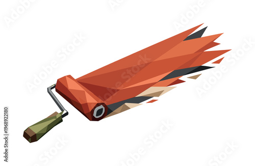 Low-poly vector illustration focused on paint roller swipe, angular paint roller with faceted handle sweeping across an invisible