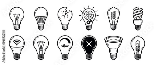 Various types of light bulbs, including incandescent, LED, smart, broken, and idea concept bulbs, depicted in a hand-drawn doodle style.