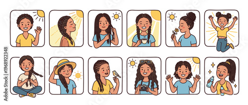 Young girl with braided hairstyles engages in various happy daily activities under the bright sun, illustrating a cheerful and active lifestyle.