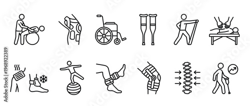 Physical therapy and rehabilitation icons illustrating various medical treatments, assistive devices, and recovery processes for health and wellness.