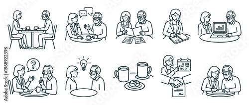 Business people engaging in various professional interactions, including meetings, discussions, planning, and idea generation, depicted in a clean line art style.