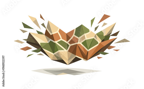 Low-poly vector illustration of a folded map snapping open mid-air, faceted paper panels forming sharp triangular segments