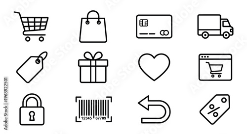 E-commerce shopping icons collection featuring various symbols for online retail, delivery, payment, and customer interaction.