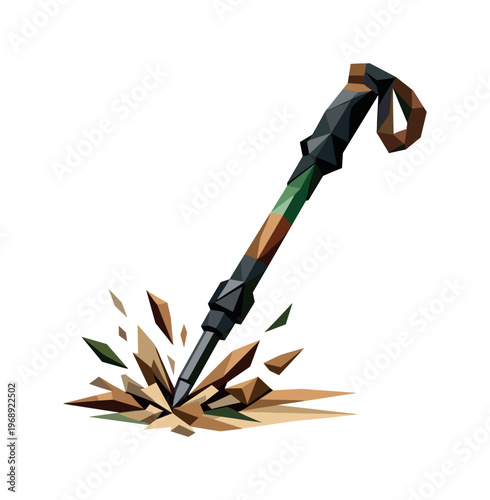 Low-poly vector illustration of a hiking pole firmly planted into the ground, faceted trekking pole angled forward with sharp