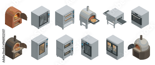 Isometric collection of various professional and traditional ovens, including brick, pizza, and commercial baking equipment.
