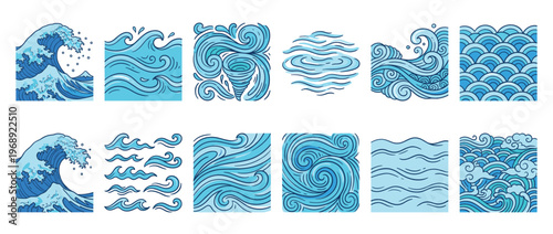 Stylized water waves and ocean patterns in various blue shades illustrate dynamic aquatic elements and natural fluid motion.