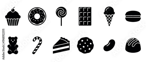Sweets desserts candy icons collection featuring a variety of delicious treats like cupcakes, donuts, and chocolate bars in a simple graphic style.