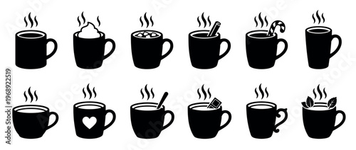 Collection of hot drink mugs and cups with steam, featuring various toppings and flavors, perfect for cozy winter themes.