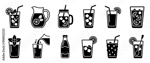 Cold drinks icons set featuring various refreshing beverages like lemonade, cocktails, and iced tea in different glasses and a pitcher.
