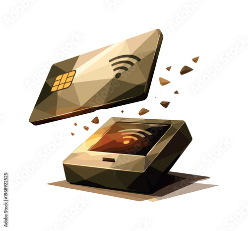 Low-poly vector illustration of a hotel keycard pulling away after a successful tap, faceted rectangular card angled backward