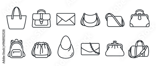 Collection of various bags and purses icons featuring different styles like tote, satchel, backpack, and clutch in a modern outline design.