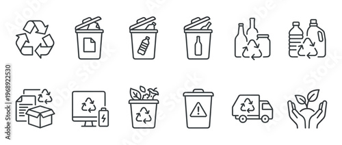 Recycling and waste management line icons set illustrating environmental sustainability, eco-friendly practices, and responsible disposal.