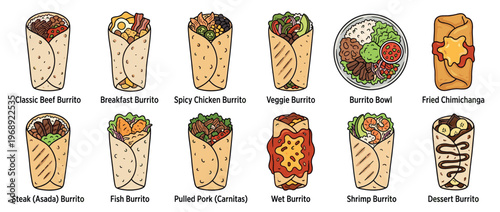 Assortment of popular burritos and a hearty burrito bowl, featuring diverse ingredients and traditional Mexican flavors.