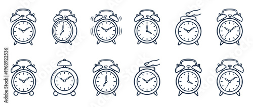 Alarm clocks hand-drawn doodle icon set illustrating different states of time, including ringing, silent, and snooze functions, for morning routines and deadlines.